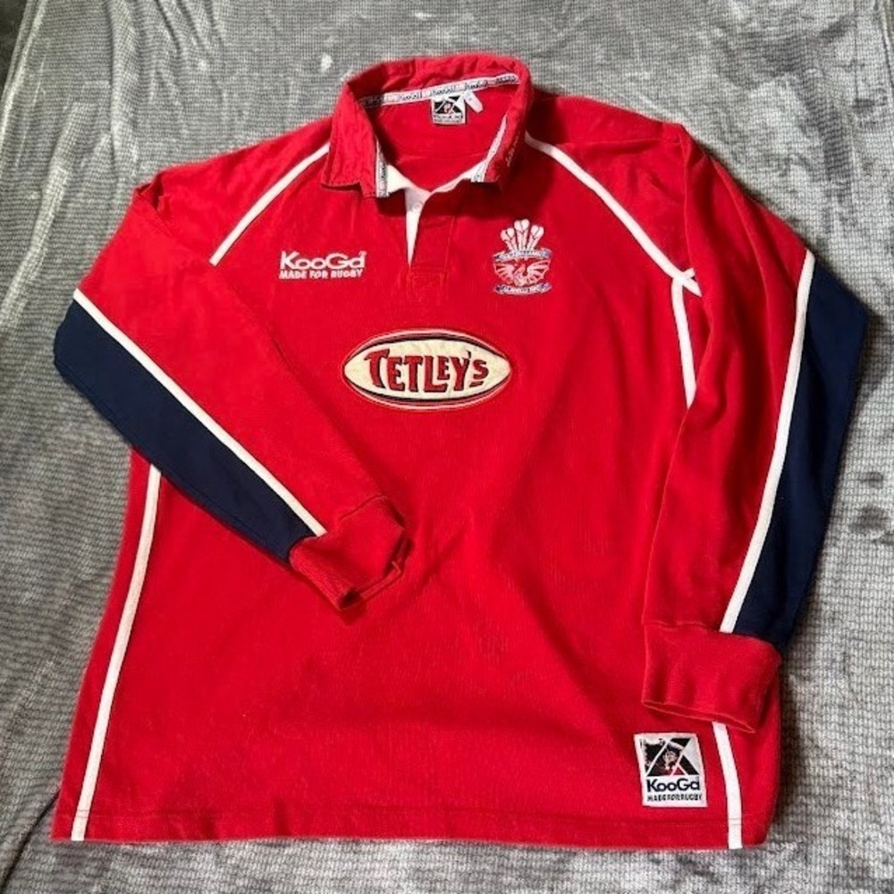 KooGa Llanelli RFC Rugby Jersey Red Tetley's Sponsor Long Sleeve Shirt Mens XL